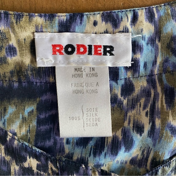 Vintage Rodier Silk Cropped Blouse Top Ikat Print Blue  Olive Size Small 38 - Picture 4 of 9